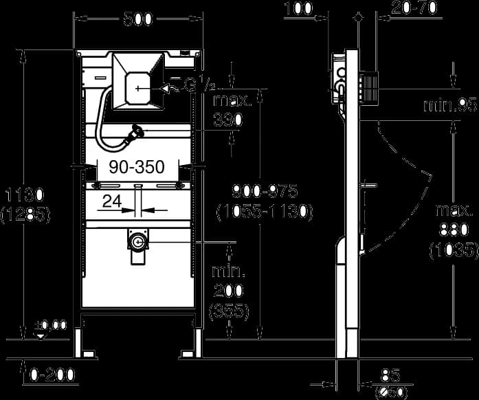 GROHE Rapid SL Element for urinal with GROHE Rapido U - desen tehnic cu cote