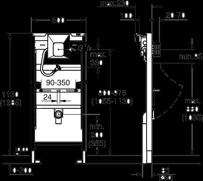 GROHE Rapid SL Cadru pentru pisoar, cu senzor infraroșu - desen tehnic cu cote