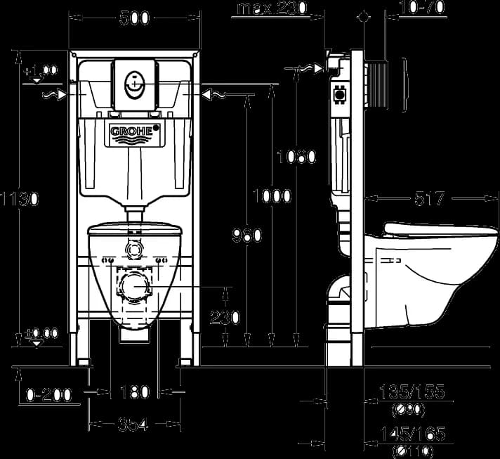 GROHE Solido Perfect Set 4 în 1 pentru WC - desen tehnic cu cote