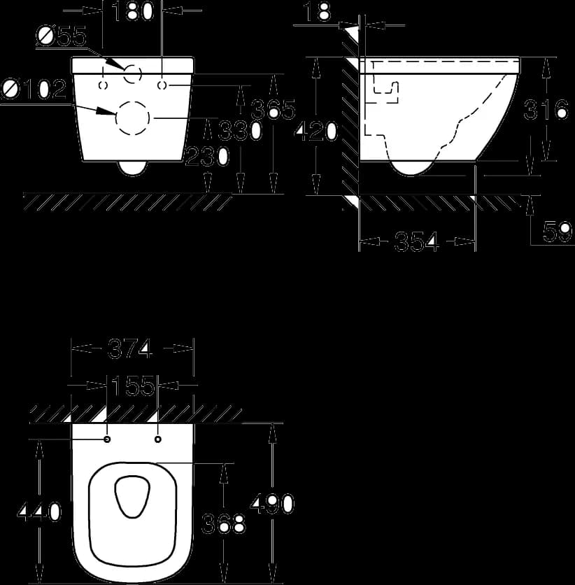 GROHE Euro Ceramic Vas WC compact cu montare suspendată - desen tehnic cu cote