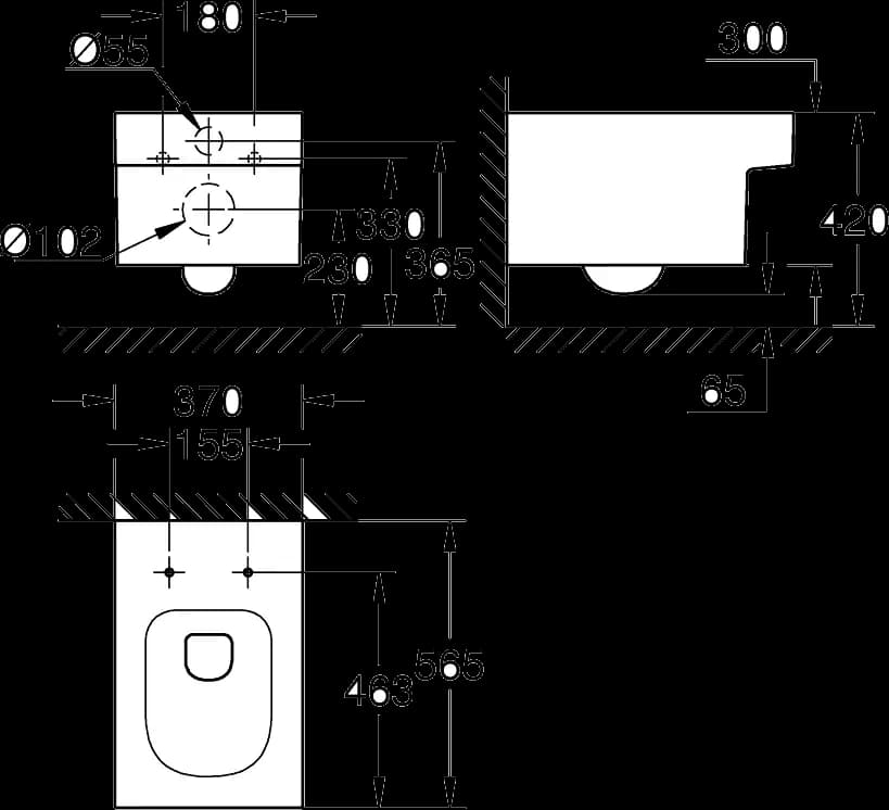 GROHE Cube Ceramic Vas WC cu montare suspendată - desen tehnic cu cote