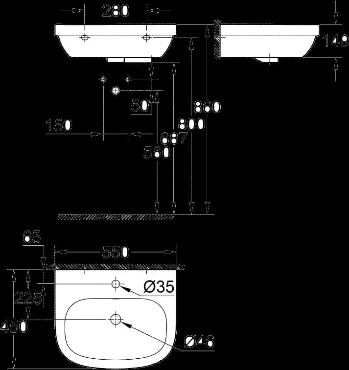 GROHE Euro Ceramic Lavoar 55 - desen tehnic cu cote
