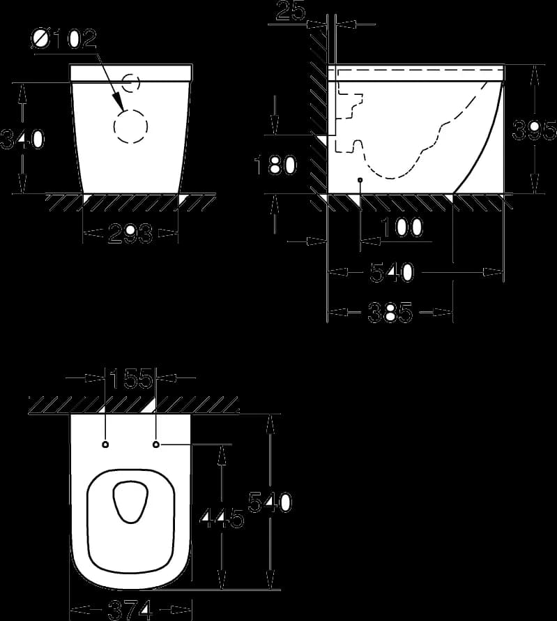 GROHE Euro Ceramic Vas WC cu montare pe podea, lipit de perete - desen tehnic cu cote
