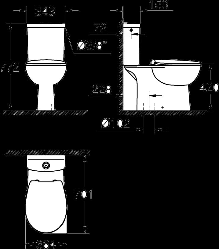 GROHE Bau Ceramic Pachet vas WC cuplat monobloc - desen tehnic cu cote