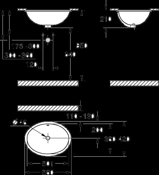 GROHE Bau Ceramic Lavoar îngropat sub blat 55 - desen tehnic cu cote