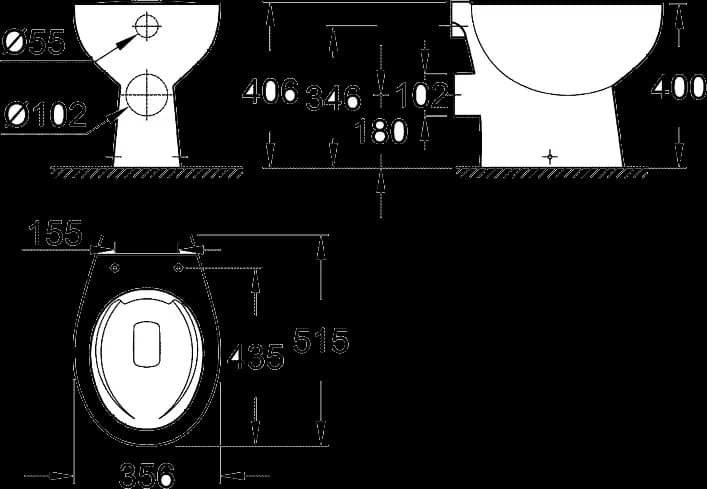 GROHE Bau Ceramic Vas WC cu montare pe podea - desen tehnic cu cote