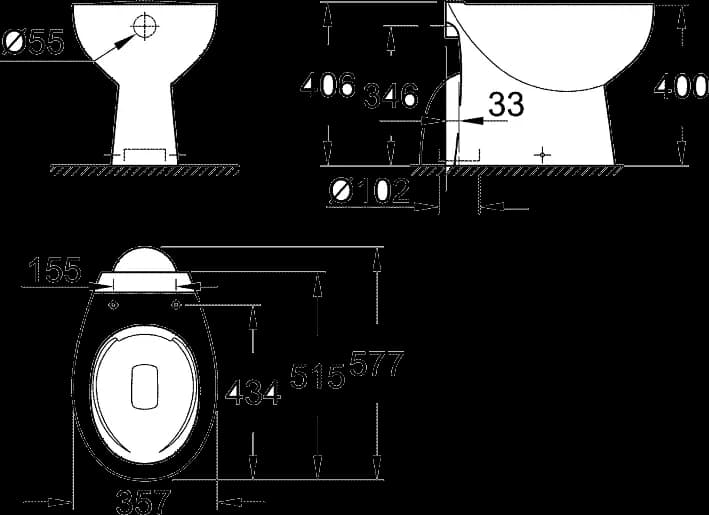 GROHE Bau Ceramic Vas WC cu montare pe podea - desen tehnic cu cote