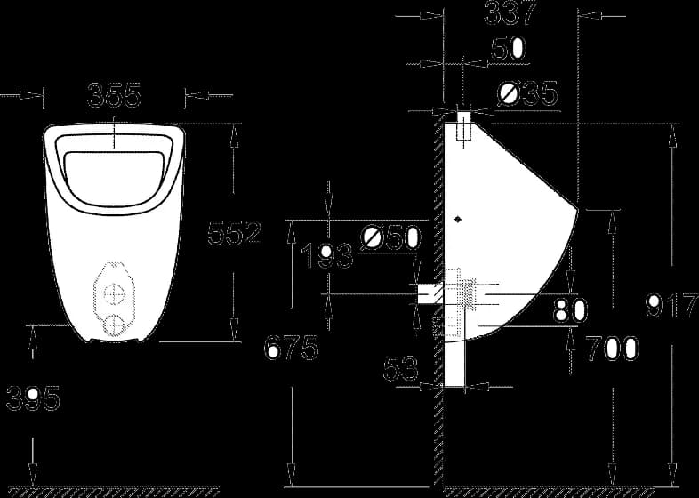 GROHE Bau Ceramic Pisoar - desen tehnic cu cote