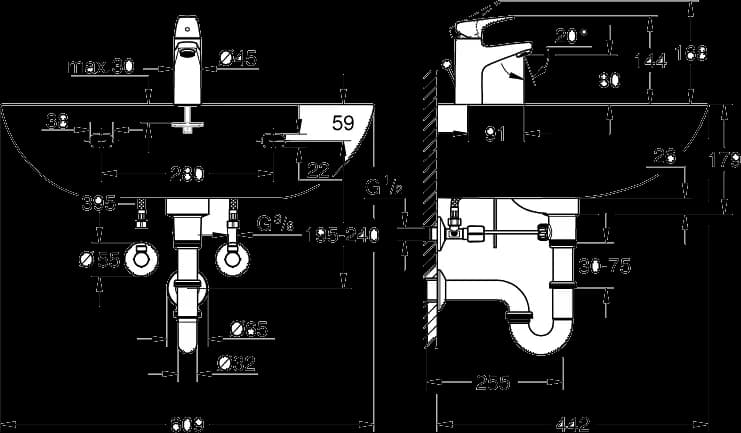 GROHE Bau Ceramic Lavoar 60 cu baterie monocomandă Start Flow - desen tehnic cu cote