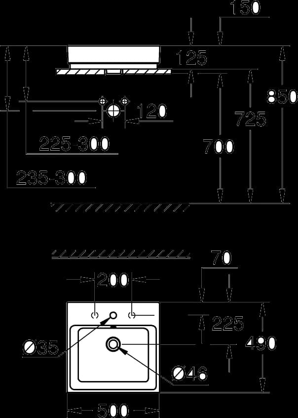 GROHE Cube Ceramic Lavoar cu montare pe blat 50 - desen tehnic cu cote