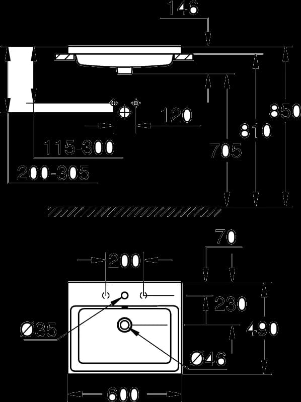 GROHE Cube Ceramic Lavoar încastrat în blat 60 - desen tehnic cu cote