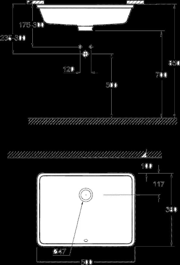 GROHE Cube Ceramic Lavoar cu montare sub blat 50 - desen tehnic cu cote