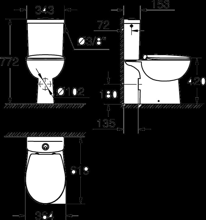 GROHE Bau Ceramic Pachet vas WC cuplat monobloc - desen tehnic cu cote