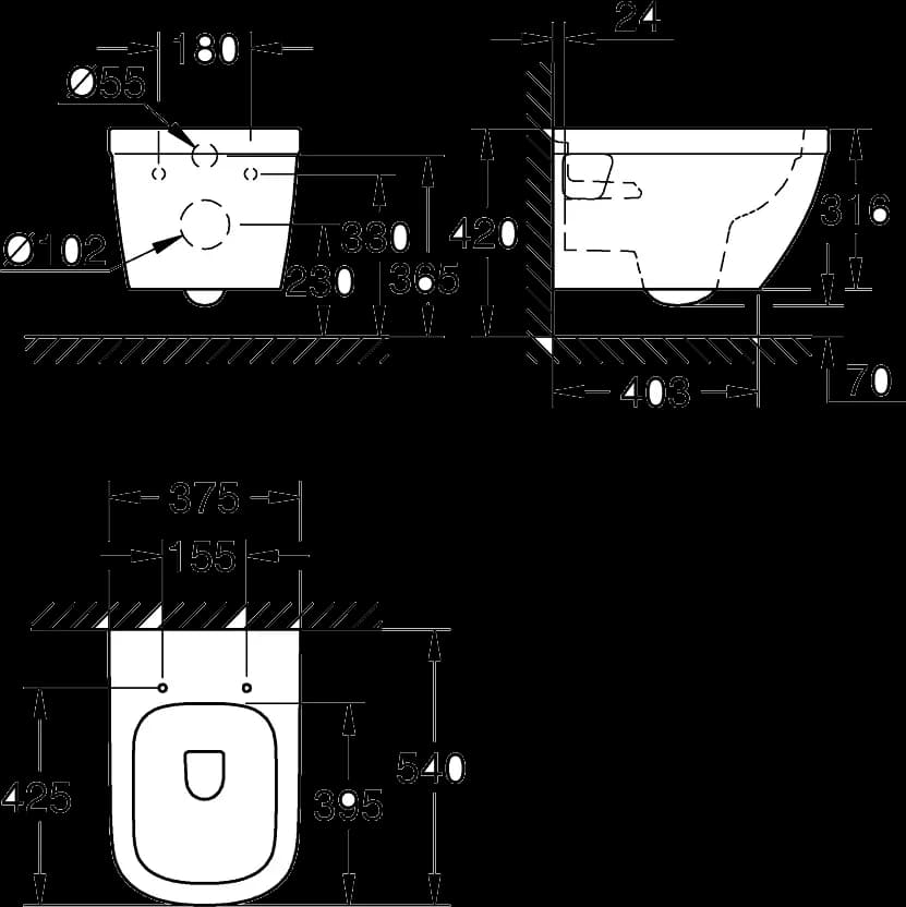 GROHE Euro Ceramic Vas WC cu montare suspendată de bază - desen tehnic cu cote