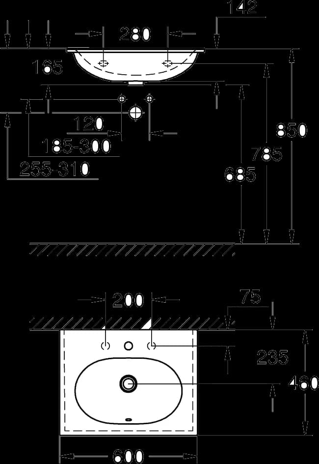 GROHE Essence Lavoar pe mobilier 60 - desen tehnic cu cote