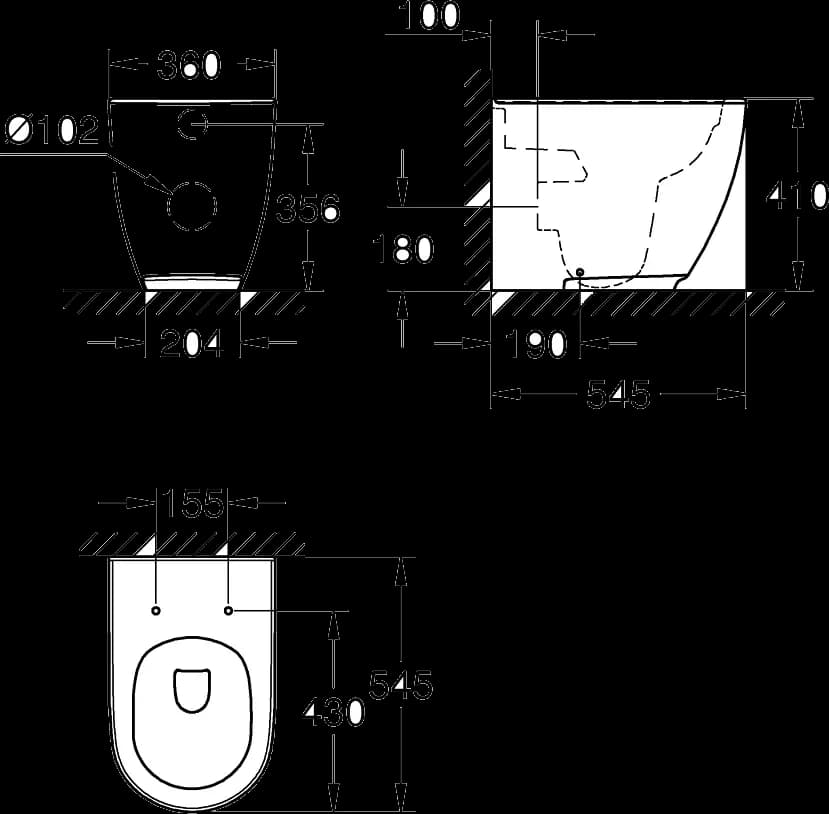 GROHE Essence Vas WC cu montare pe podea, lipit de perete - desen tehnic cu cote