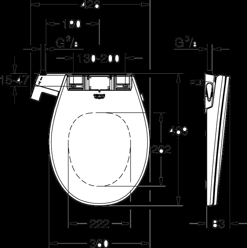 GROHE Bau Ceramic Capac de WC cu funcție de bideu, manual - desen tehnic cu cote