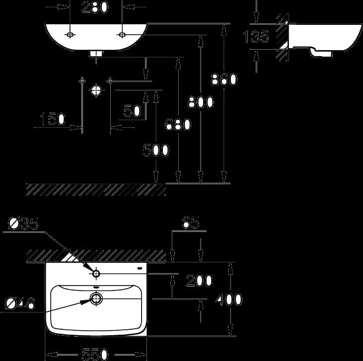 GROHE BauEdge Ceramic Lavoar 55 - desen tehnic cu cote