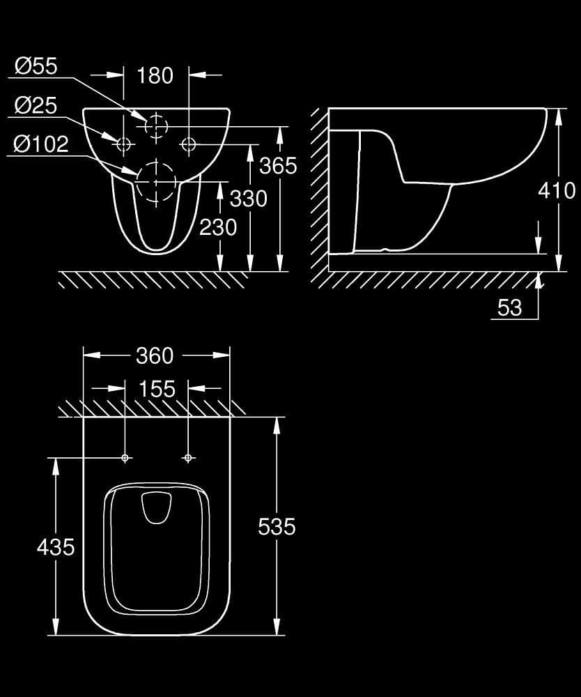 GROHE BauEdge Ceramic Vas WC cu montare suspendată - desen tehnic cu cote