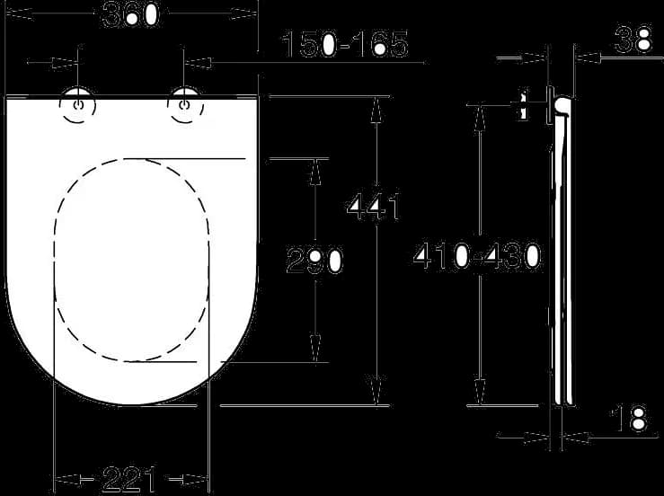 GROHE Bau Ceramic Capac WC subțire, cu închidere lentă - desen tehnic cu cote