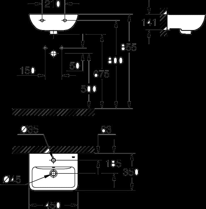 GROHE Start Edge Ceramic Lavoar de serviciu 45 - desen tehnic cu cote