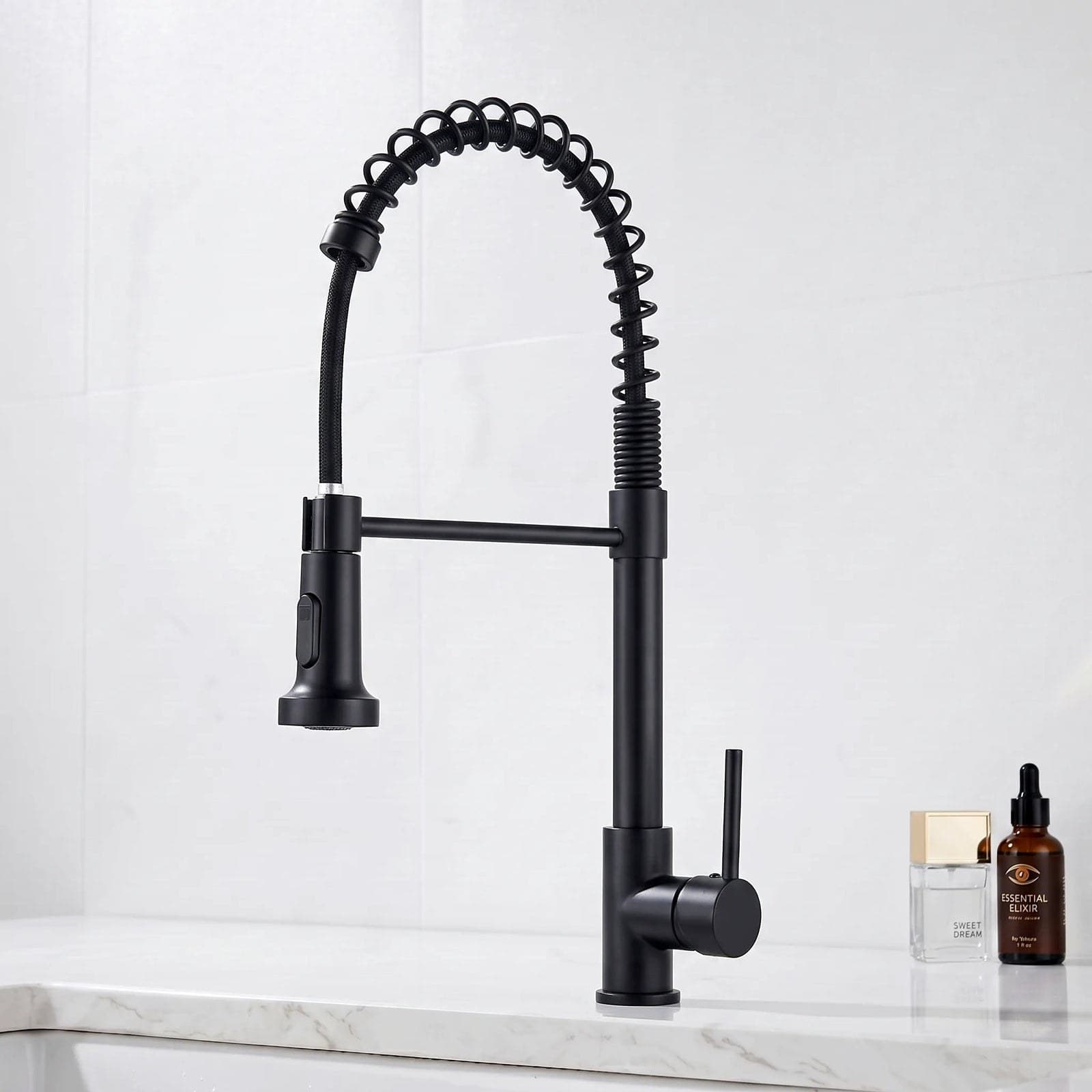 Baterie bucătărie 87049 - pipă flexibilă cu arc - negru mat - montat