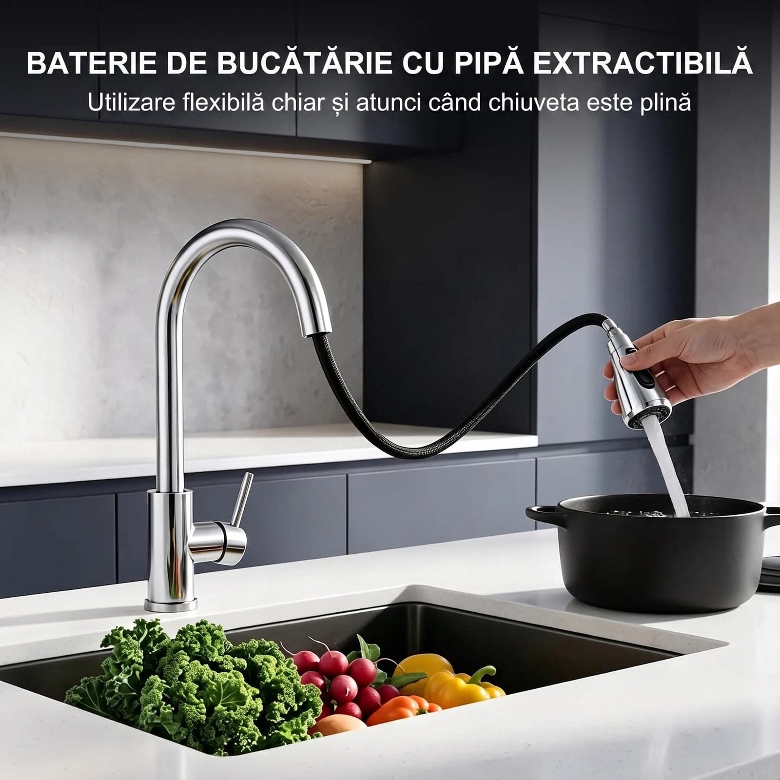 Baterie bucătărie YS-K01-Z - pipă extractibilă - 2 funcții - crom - montat