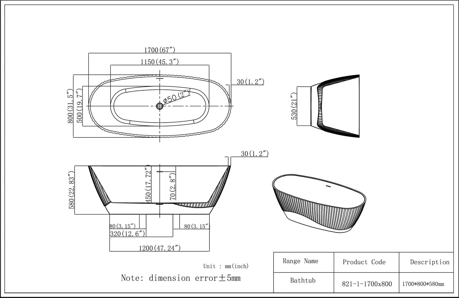 Cadă freestanding din acril Sia Line
