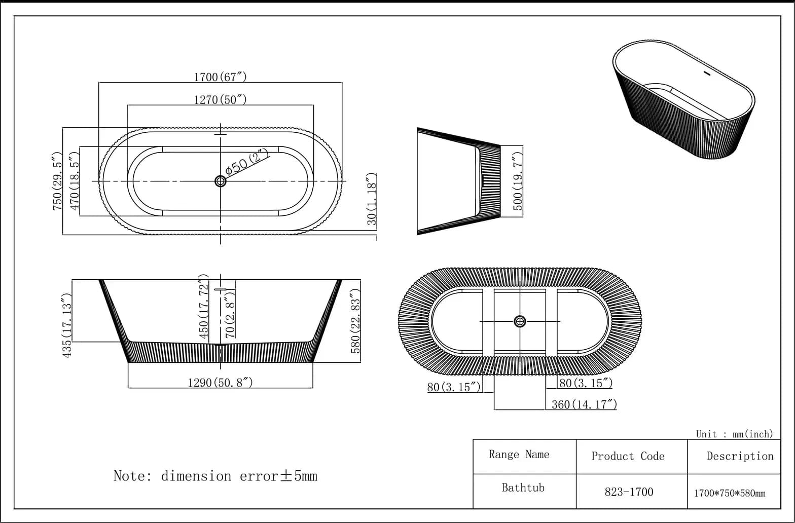 Cadă freestanding din acril Taya Line