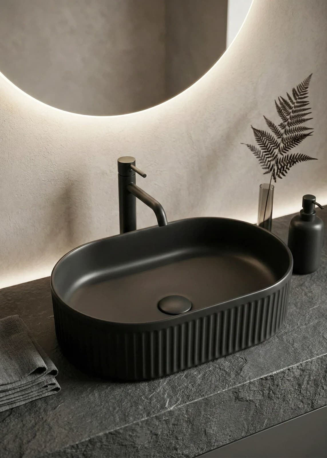 Lavoar ceramic oval A721-CBK-M - negru mat cu textură striată - montat