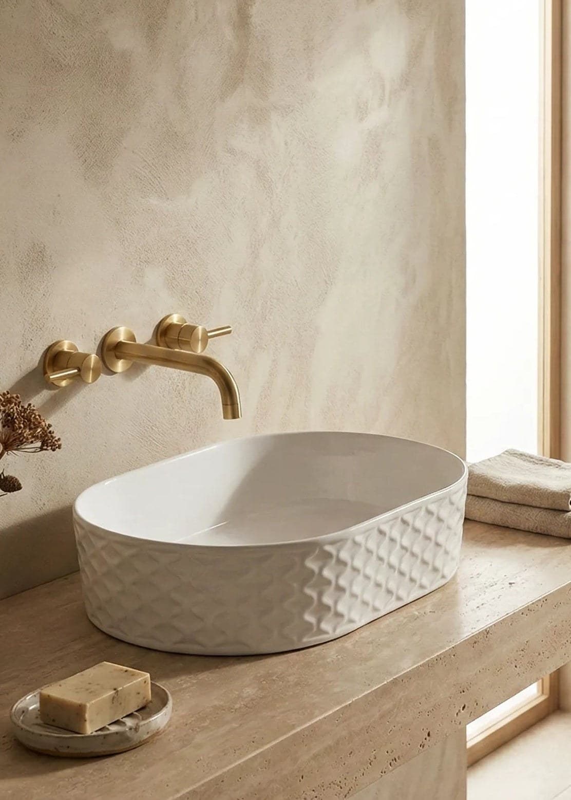 Lavoar ceramic oval A788 - alb lucios, exterior texturat - montat