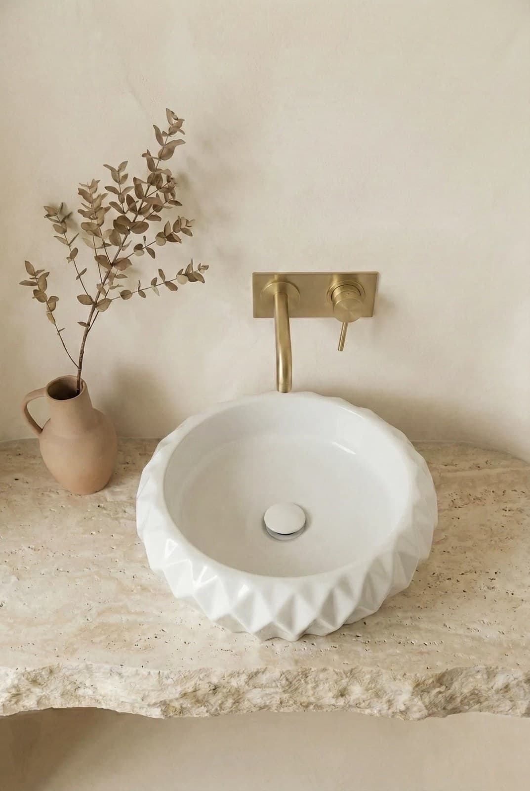 Lavoar ceramic rotund A535 - alb lucios, exterior geometric - montat