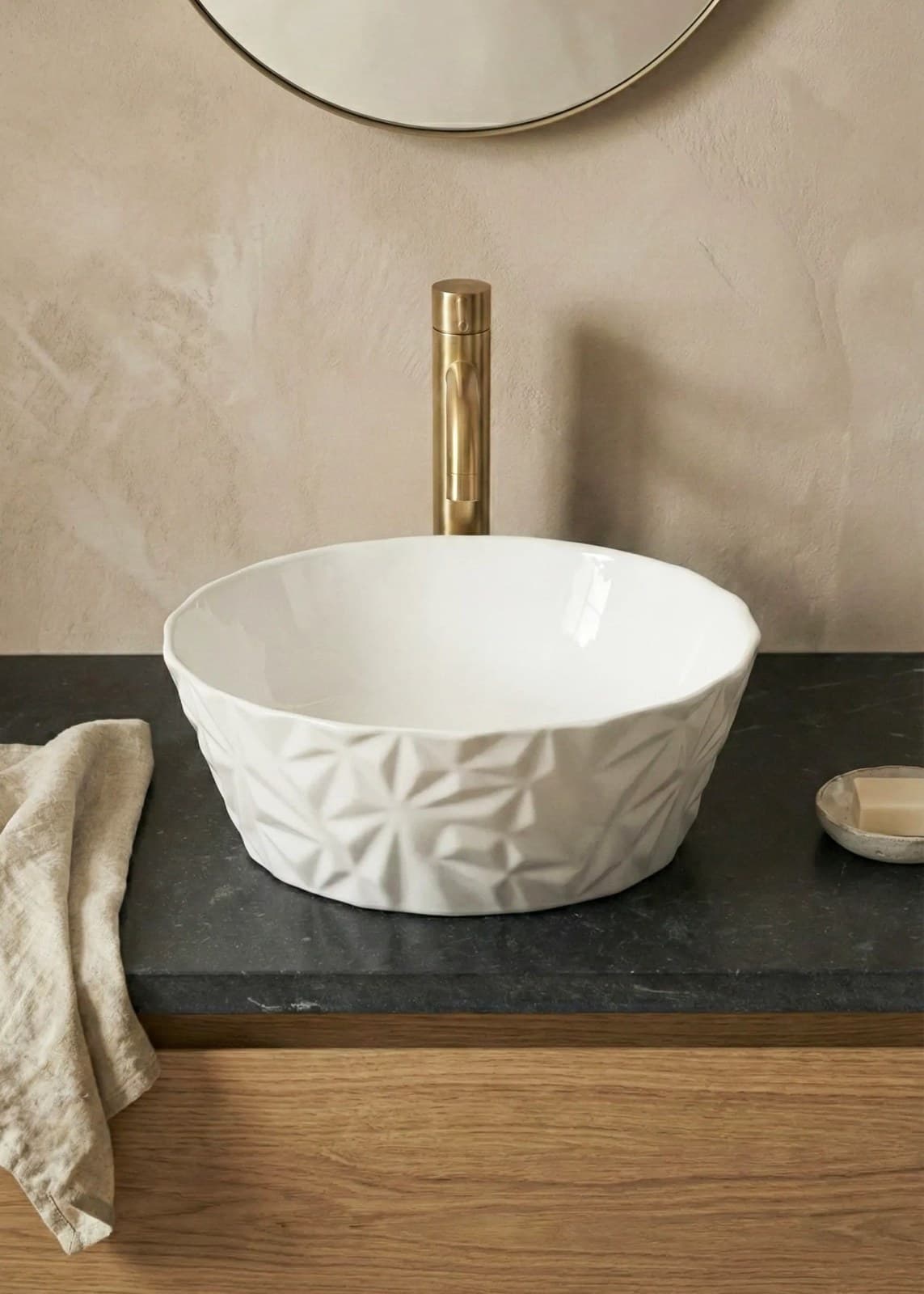 Lavoar ceramic rotund A823 - alb lucios texturat - montat