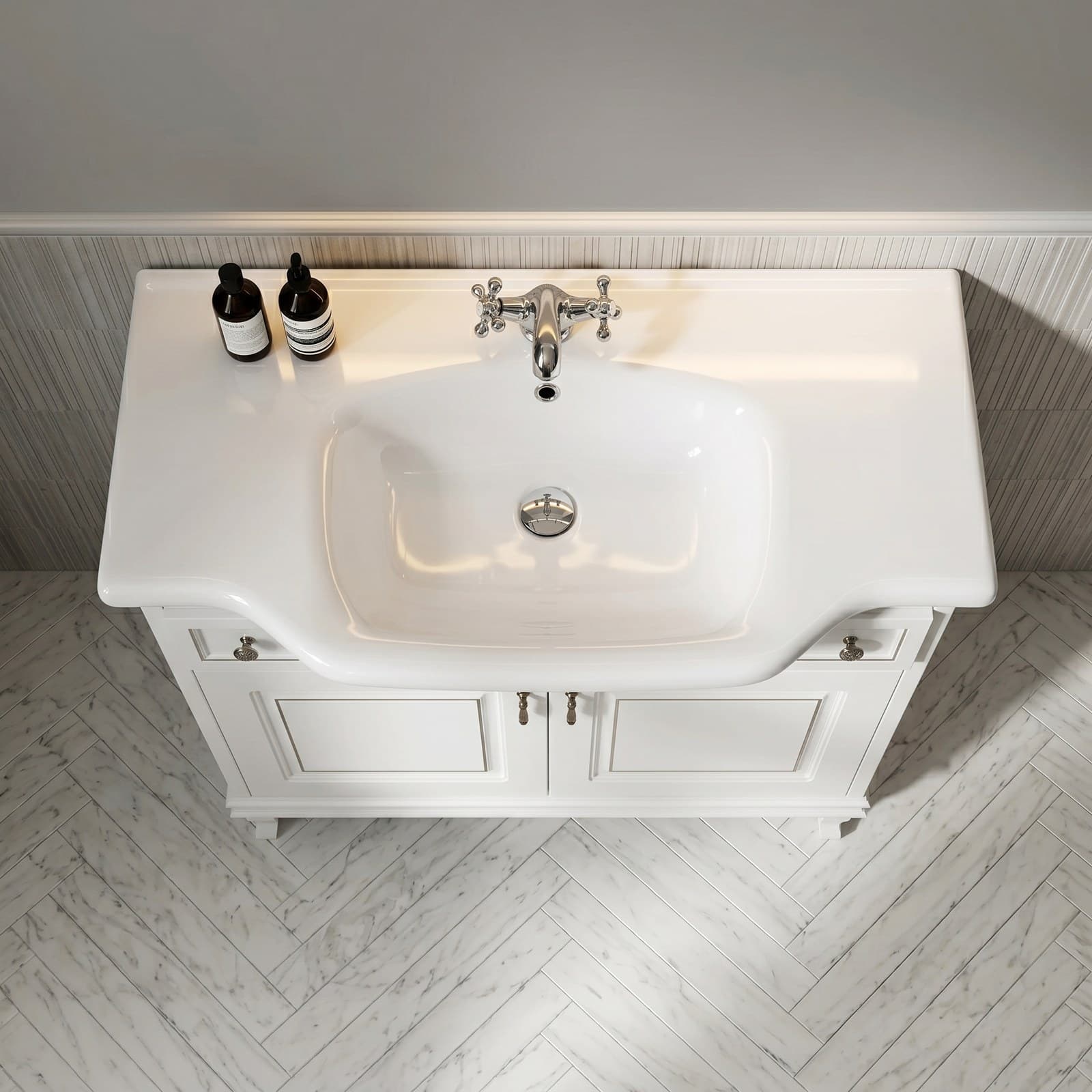 Mobilier de baie pe pardoseală Beatrice alb+auriu - montat