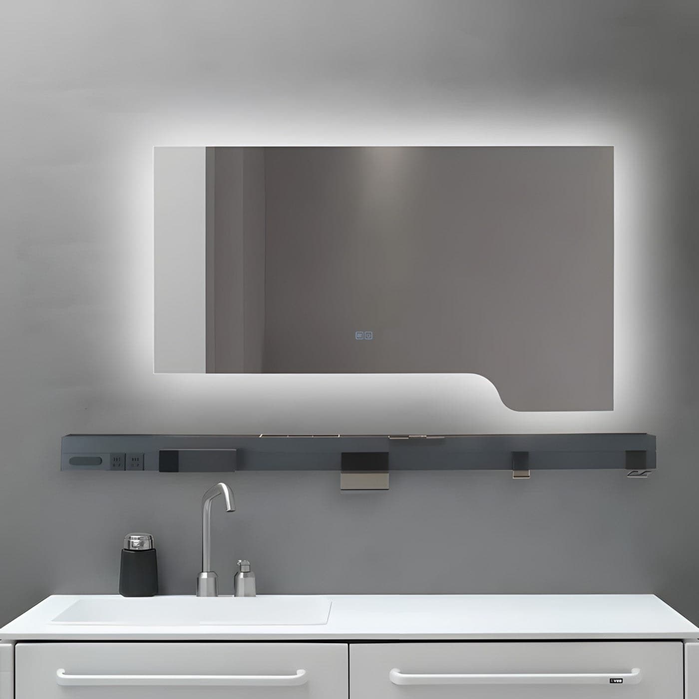 Oglindă baie LED 120×70 cm cu raft multifuncțional, 3 nuanțe de lumină, dezaburire și touch control J-3050