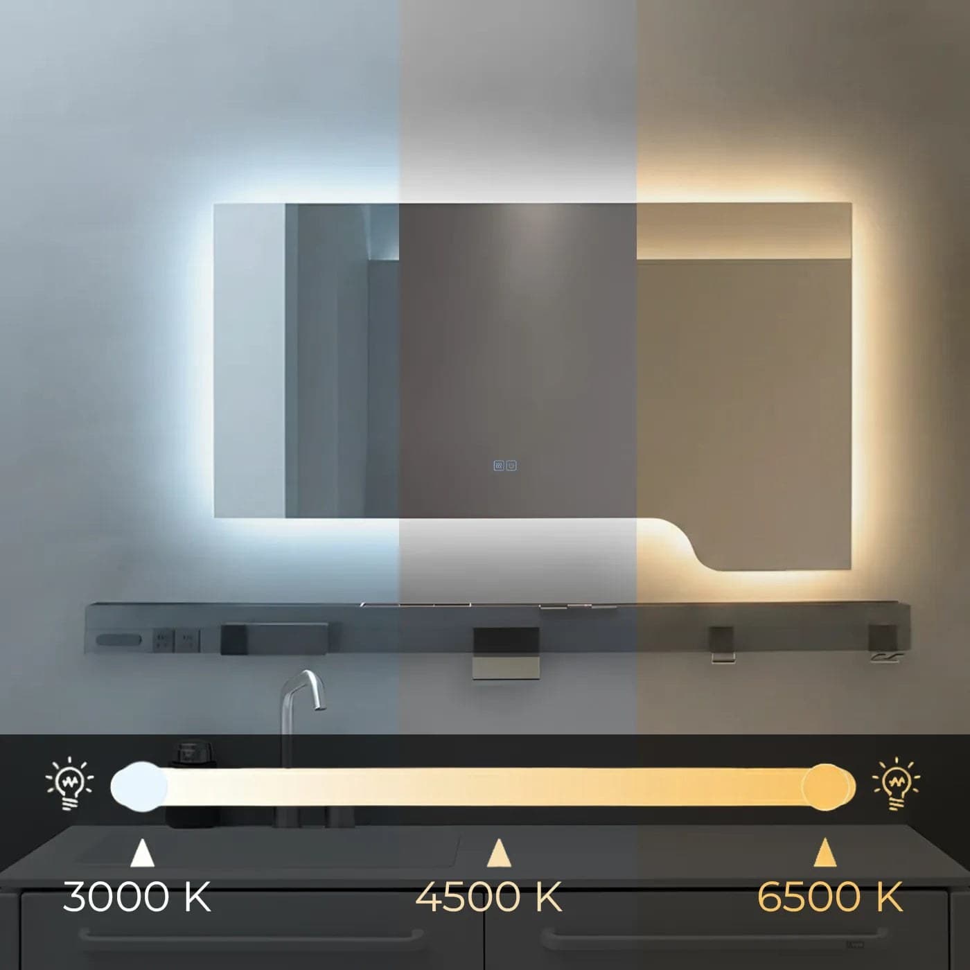 Oglindă baie LED 120×70 cm cu raft multifuncțional, 3 nuanțe de lumină, dezaburire și touch control J-3050 - montat