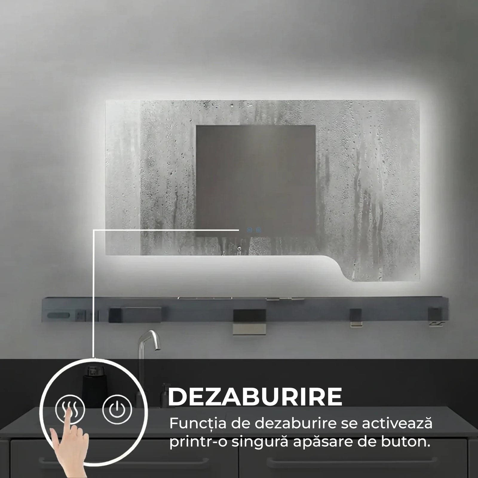 Oglindă baie LED 120×70 cm cu raft multifuncțional, 3 nuanțe de lumină, dezaburire și touch control J-3050 - montat