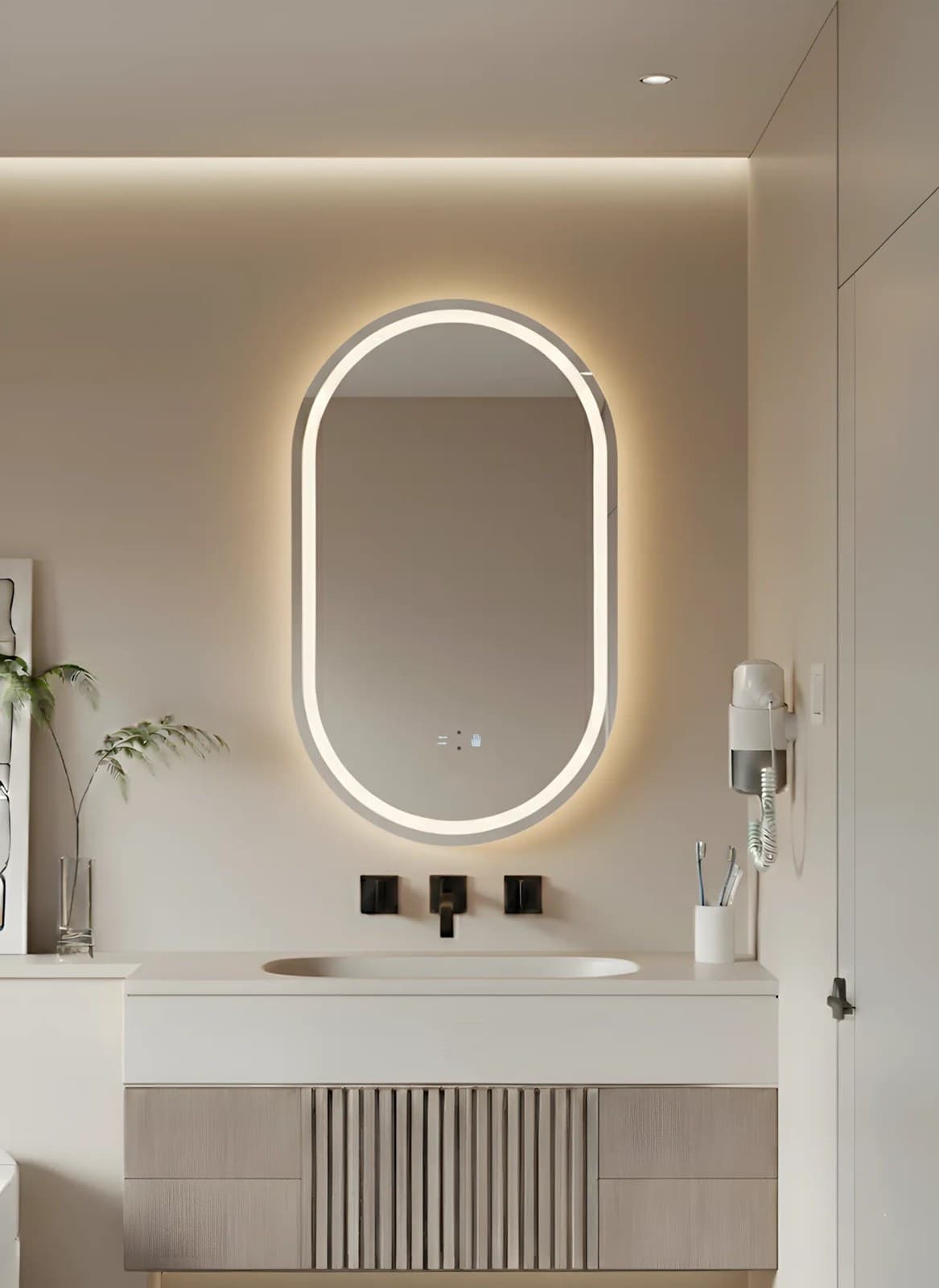 Oglindă baie LED 50×100 cm ovală, 3 nuanțe de lumină și senzor infraroșu J-120