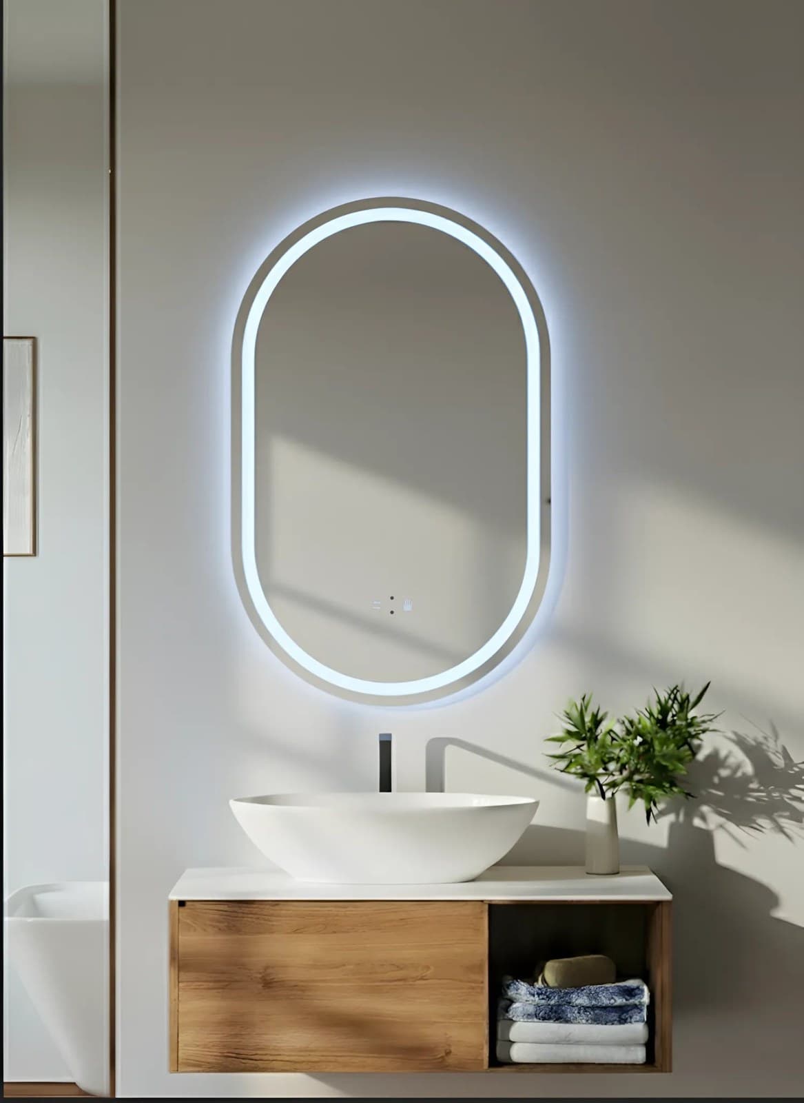 Oglindă baie LED 50×100 cm ovală, 3 nuanțe de lumină și senzor infraroșu J-120 - montat