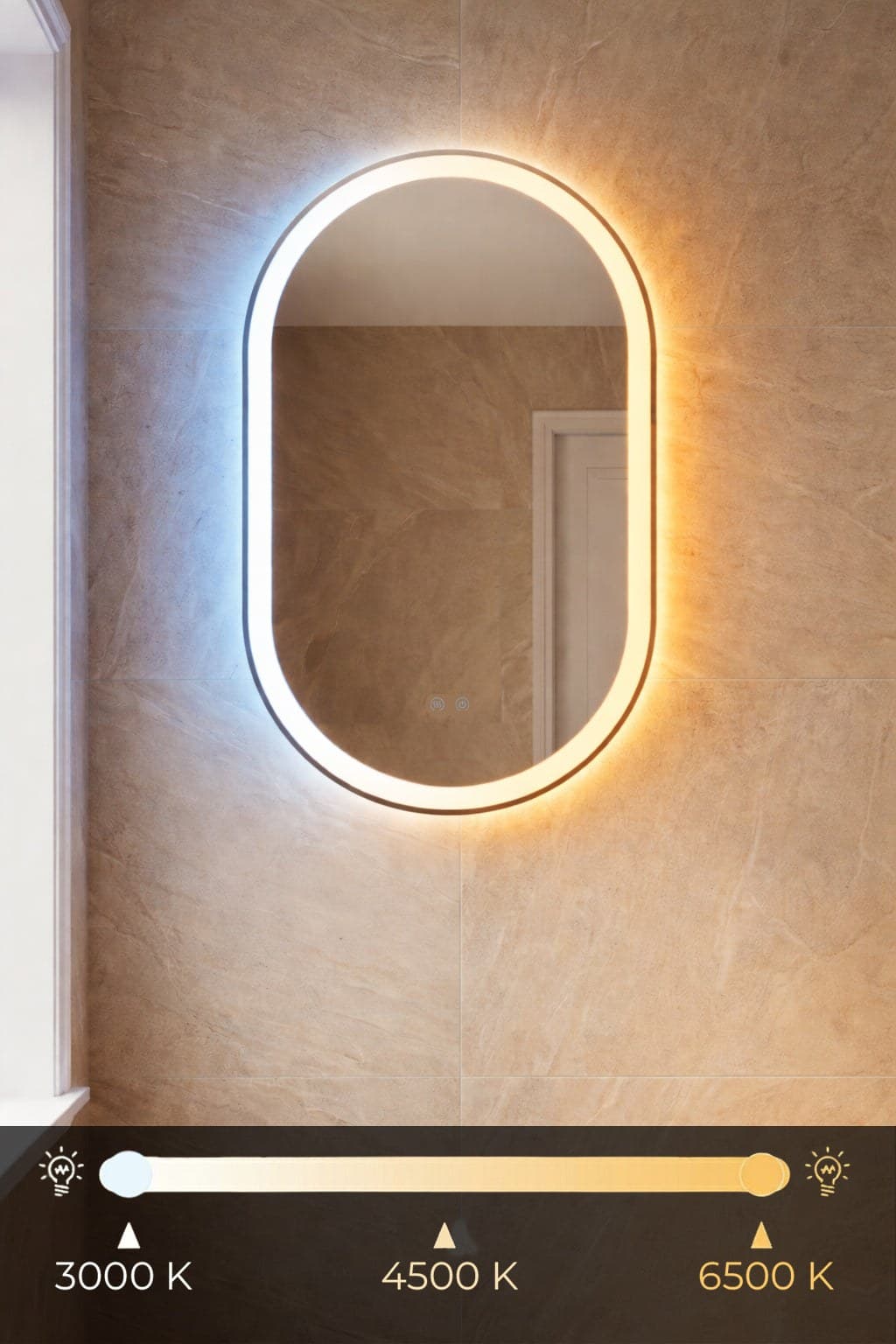 Oglindă baie LED 50×80 cm ovală, 3 nuanțe de lumină, dezaburire și touch control J-120-1 - montat