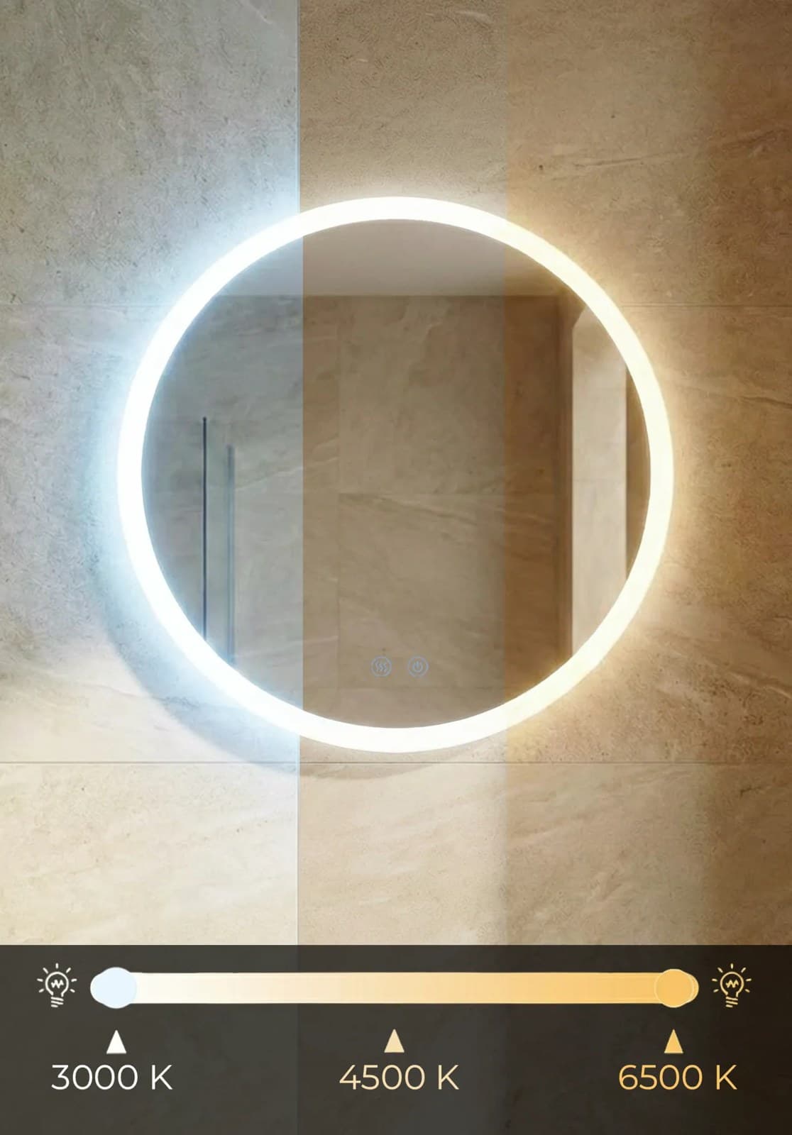 Oglindă baie LED ⌀50 cm rotundă, 3 nuanțe de lumină, dezaburire și touch control J-2112 - montat