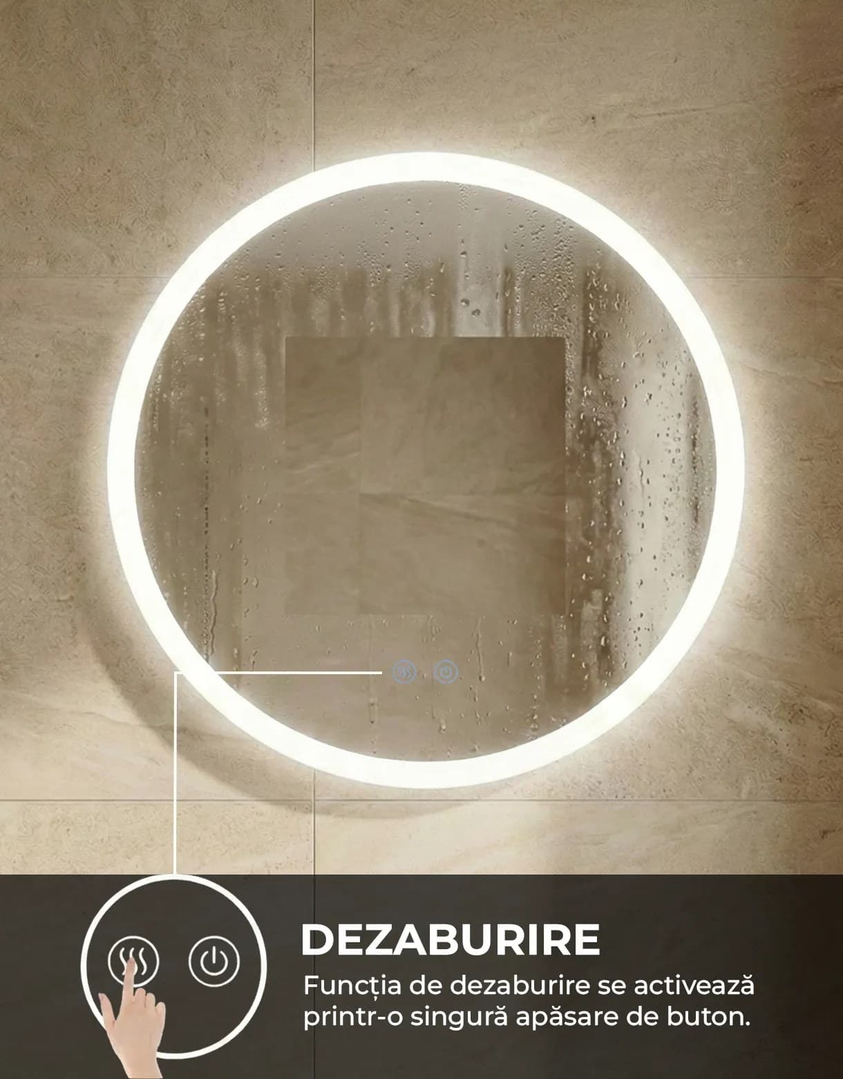 Oglindă baie LED ⌀50 cm rotundă, 3 nuanțe de lumină, dezaburire și touch control J-2112 - montat