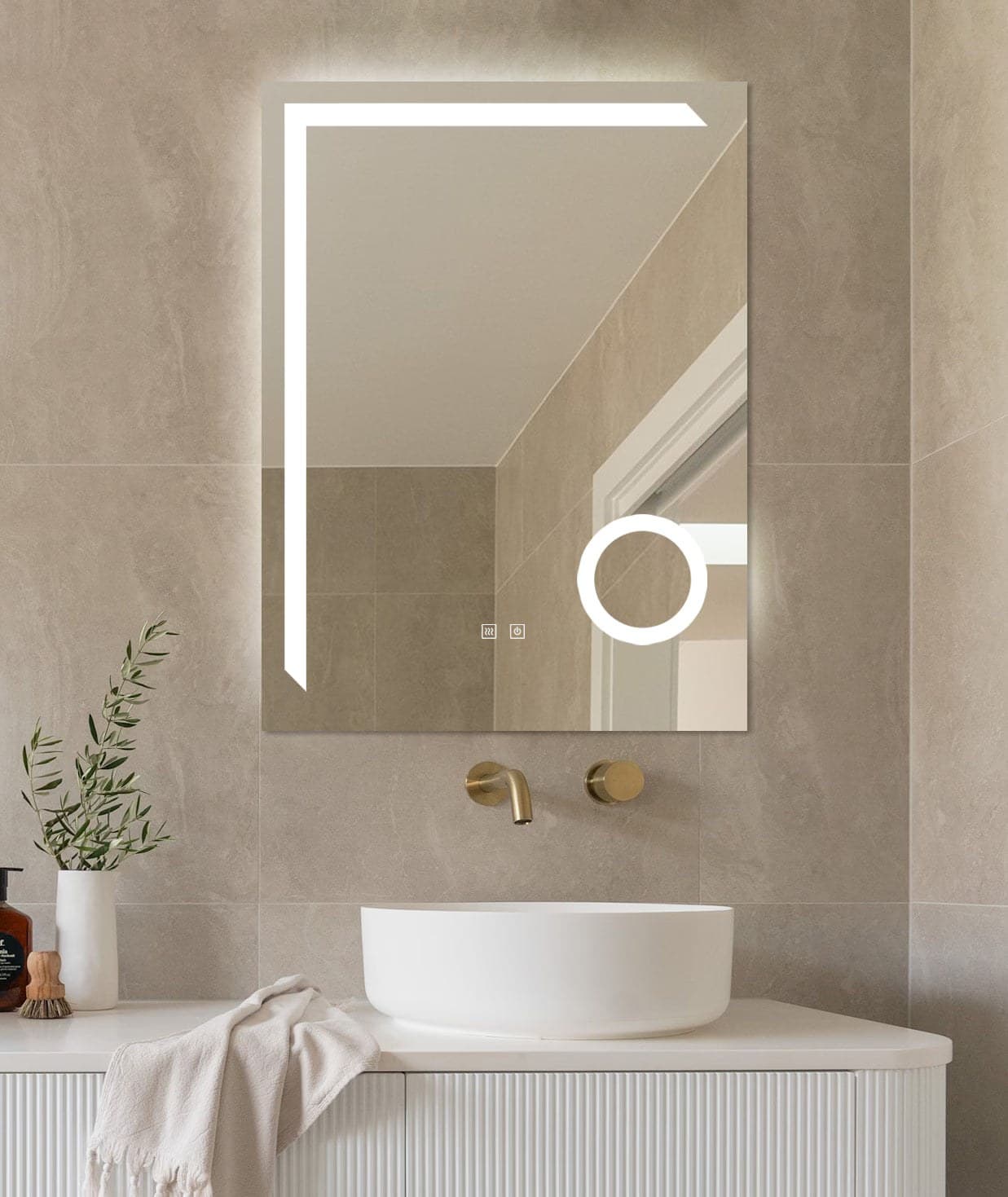 Oglindă baie LED 60×80 cm dreptunghiulară cu lupă cosmetică, 3 nuanțe de lumină, dezaburire și touch control J-1041B