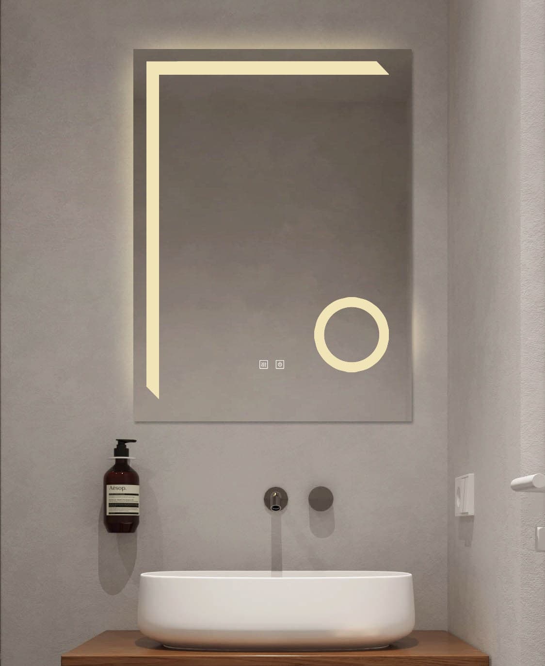 Oglindă baie LED 60×80 cm dreptunghiulară cu lupă cosmetică, 3 nuanțe de lumină, dezaburire și touch control J-1041B - montat