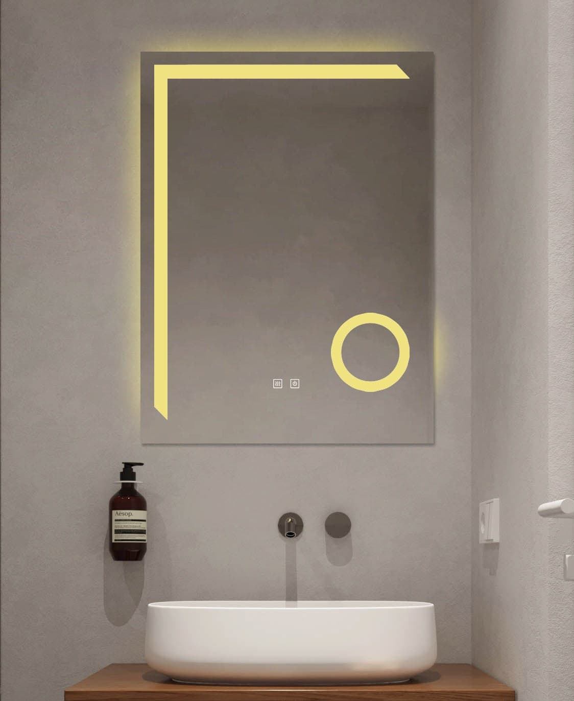 Oglindă baie LED 60×80 cm dreptunghiulară cu lupă cosmetică, 3 nuanțe de lumină, dezaburire și touch control J-1041B - montat