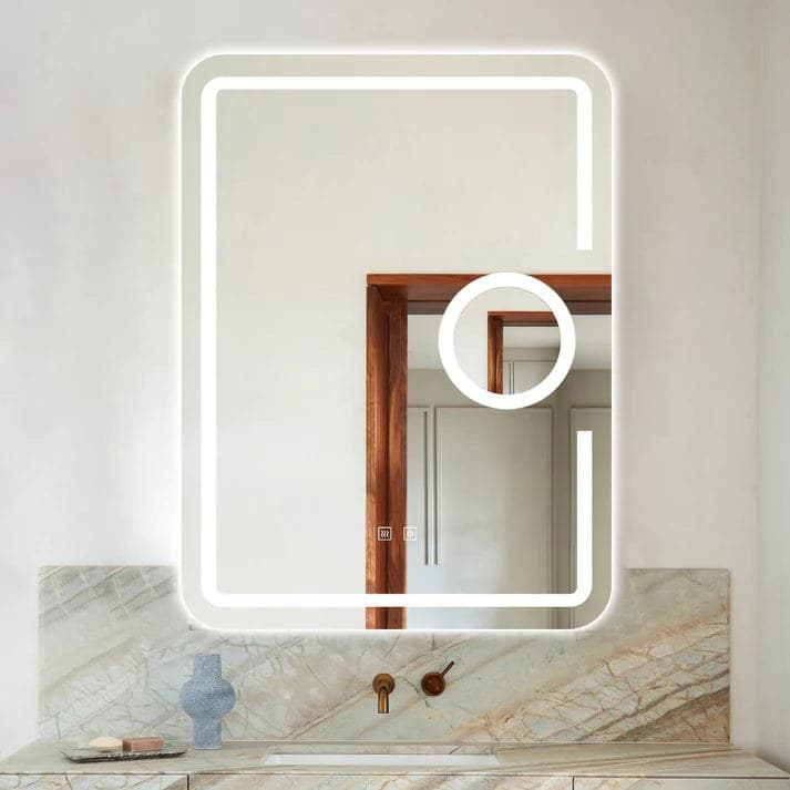 Oglindă baie LED 60×80 cm dreptunghiulară cu lupă cosmetică, 3 nuanțe de lumină, dezaburire și touch control J-1041