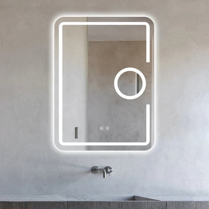 Oglindă baie LED 60×80 cm dreptunghiulară cu lupă cosmetică, 3 nuanțe de lumină, dezaburire și touch control J-1041 - montat