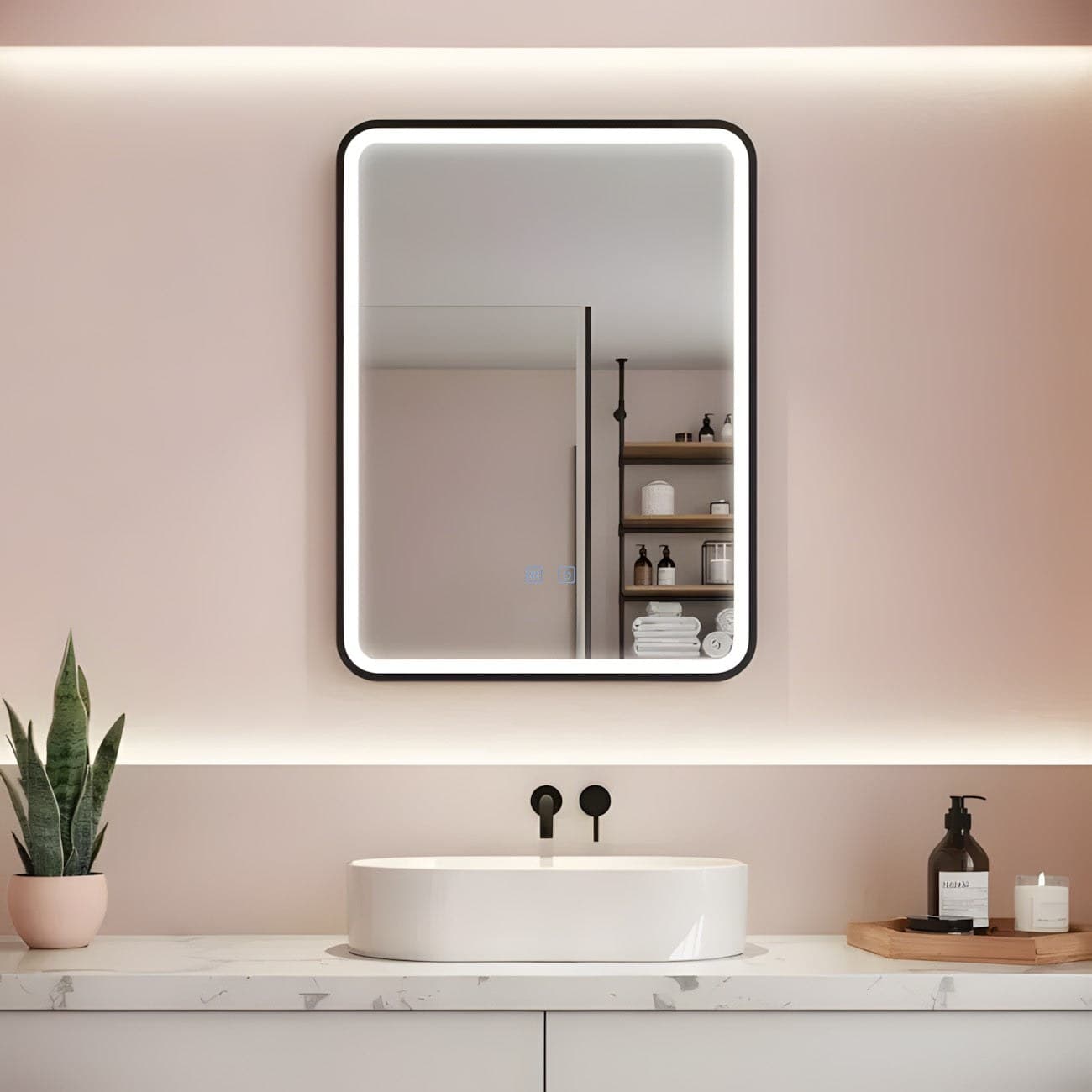 Oglindă baie LED 60×80 cm dreptunghiulară cu ramă din aluminiu negru, dezaburire și touch control J-1110