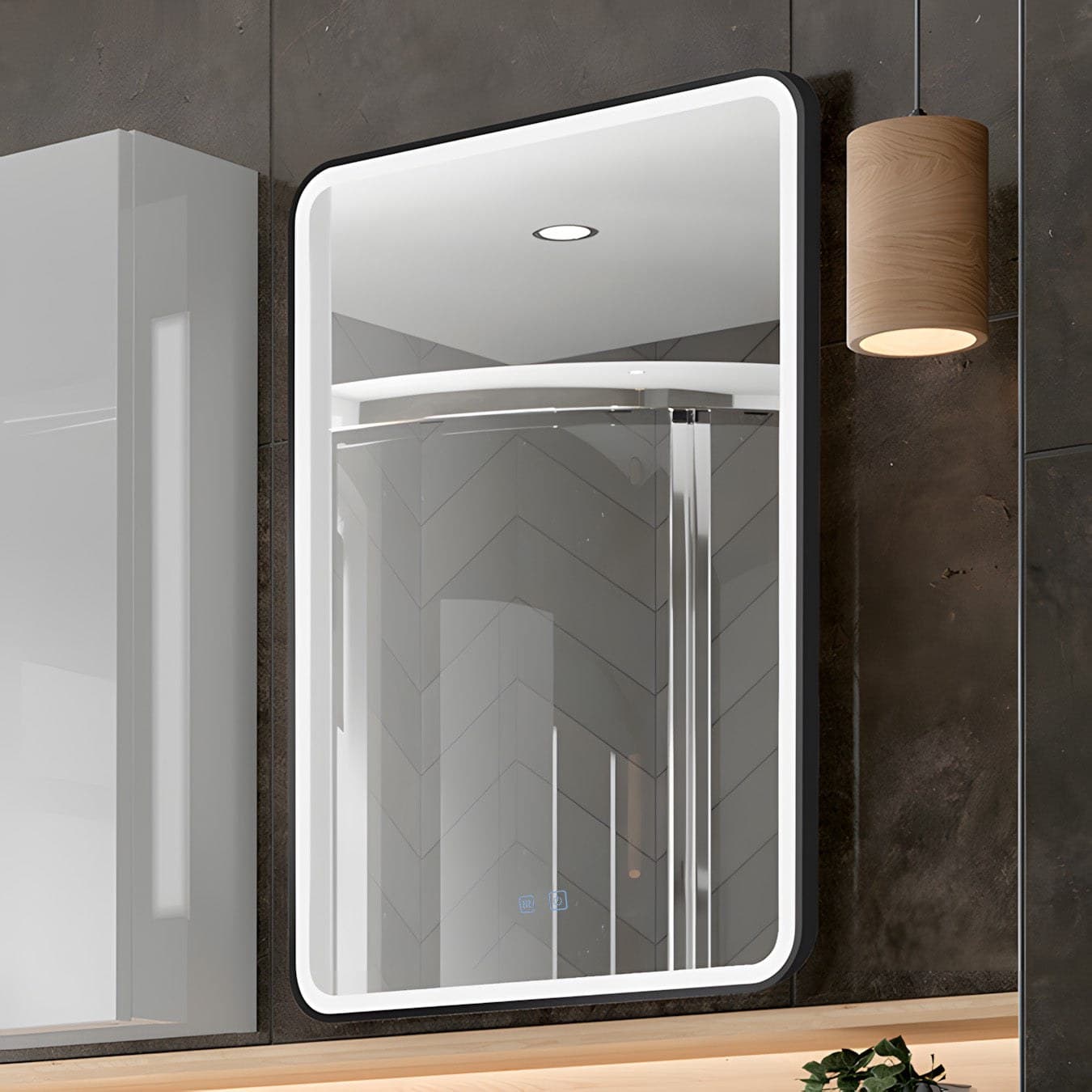 Oglindă baie LED 60×80 cm dreptunghiulară cu ramă din aluminiu negru, dezaburire și touch control J-1110 - montat
