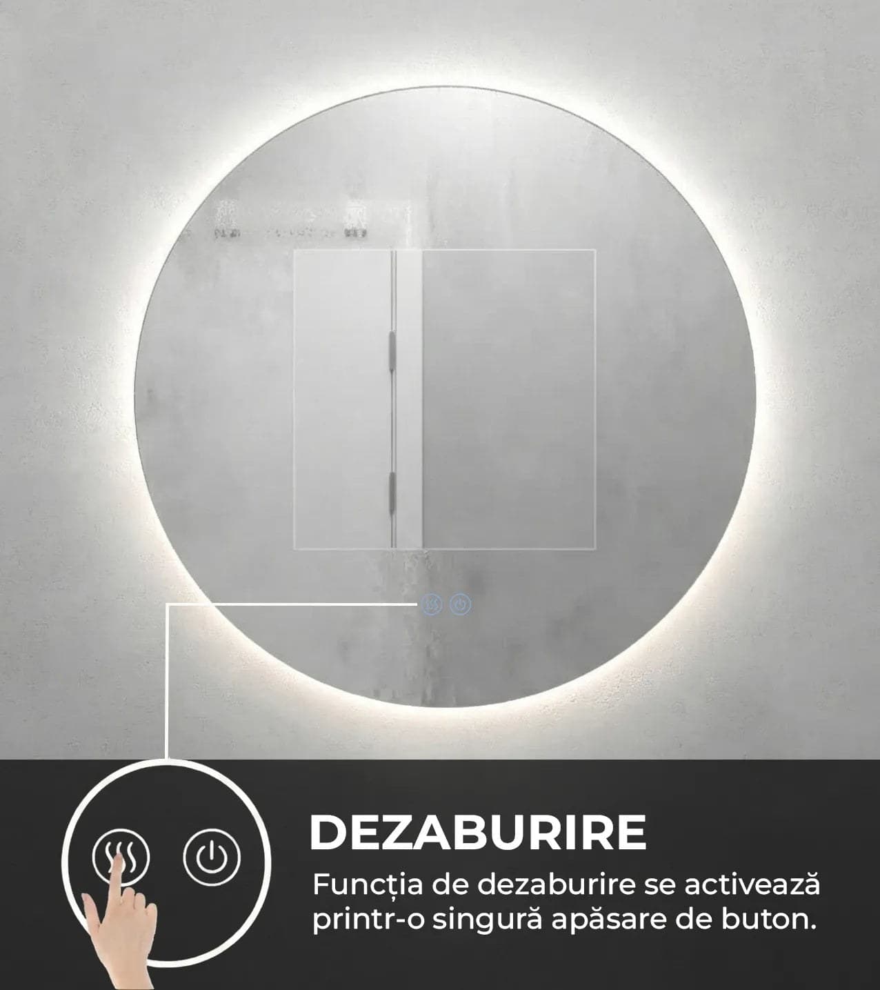 Oglindă baie LED ⌀60 cm / ⌀70 cm / ⌀80 cm / ⌀90 cm rotundă, 3 nuanțe de lumină, dezaburire și touch control J-170 - montat